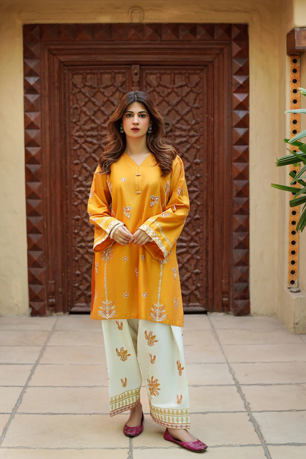 MUSTARD COTTON EMBROIDED 2 PIECE