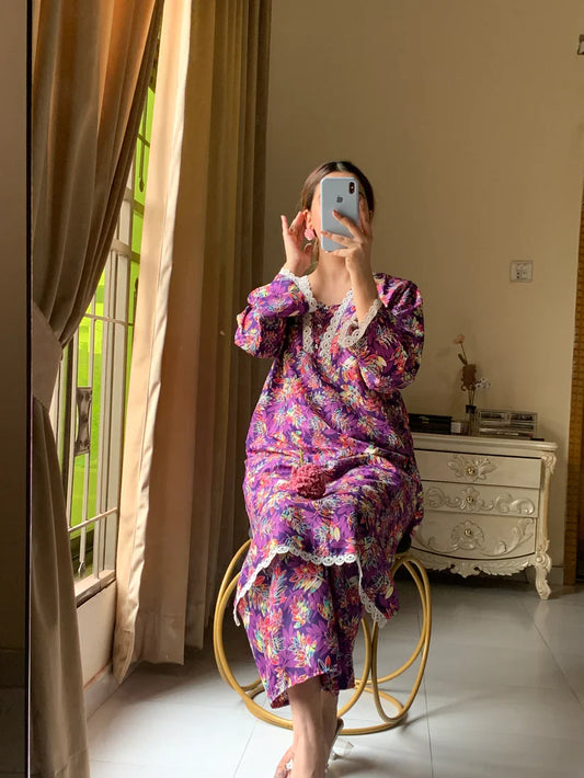 Cotton 2-Piece Stitched Set with Elegant Lace Detailing – Long Length Outfit