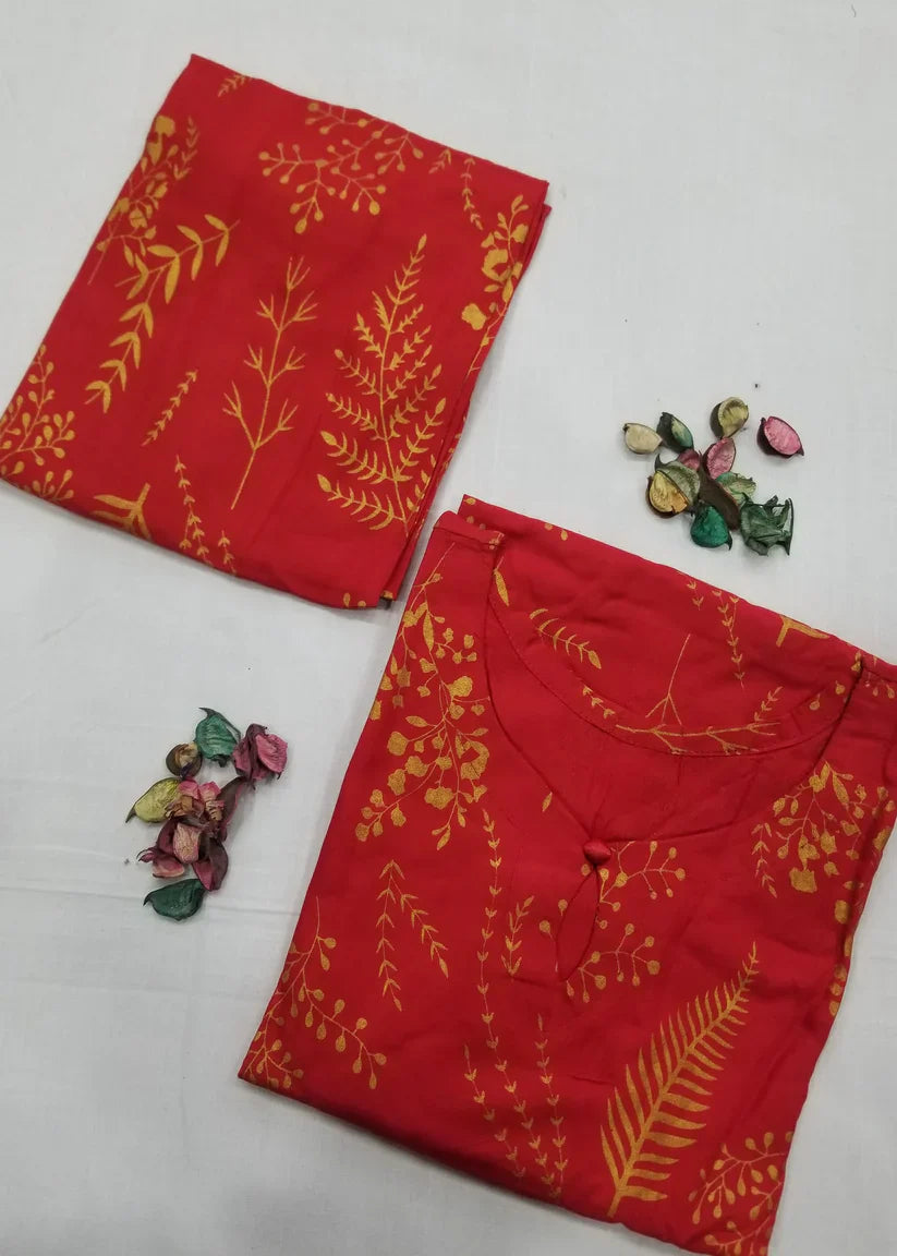 Floral Leaf Print Stitched 2Pcs (red)