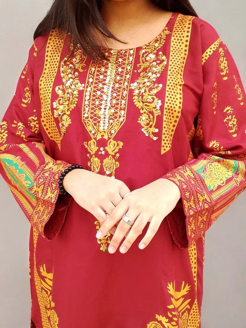 Classy Handmade Summer Arabic Lenan 2-Piece Suit (Mehroon)