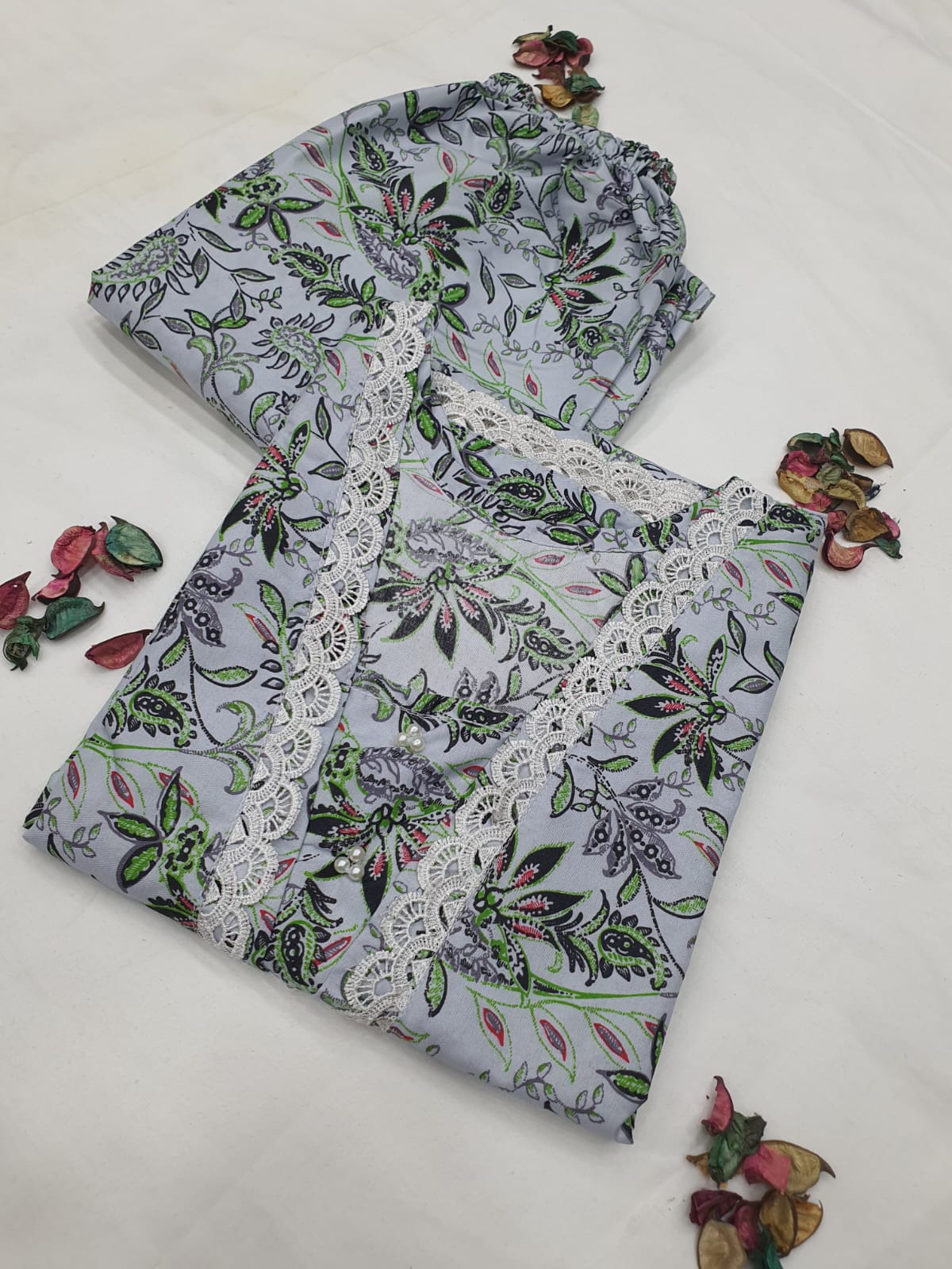 Cotton 2-Piece Stitched Set with Elegant Lace Detailing – Long Length Outfit