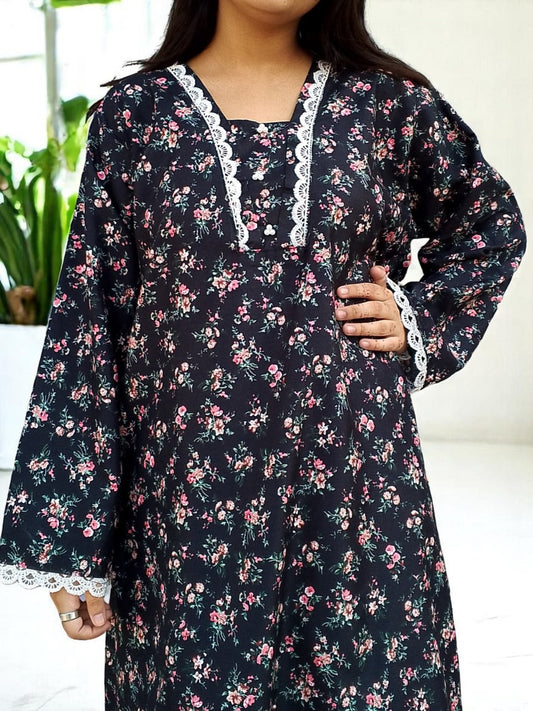 Cotton 2-Piece Stitched Set with Elegant Lace Detailing – Long Length Outfit