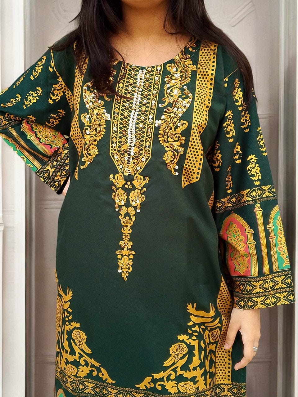 Classy Handmade Summer Arabic Lenan 2-Piece Suit (Green)