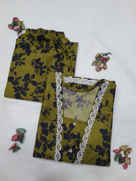 Cotton 2-Piece Stitched Set with Elegant Lace Detailing – Long Length Outfit