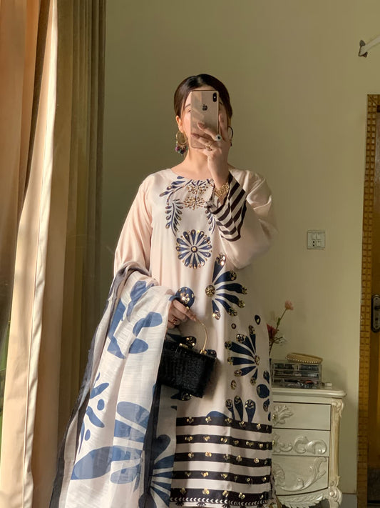 Huria Longline Stitched Silken Lawn 3-Piece