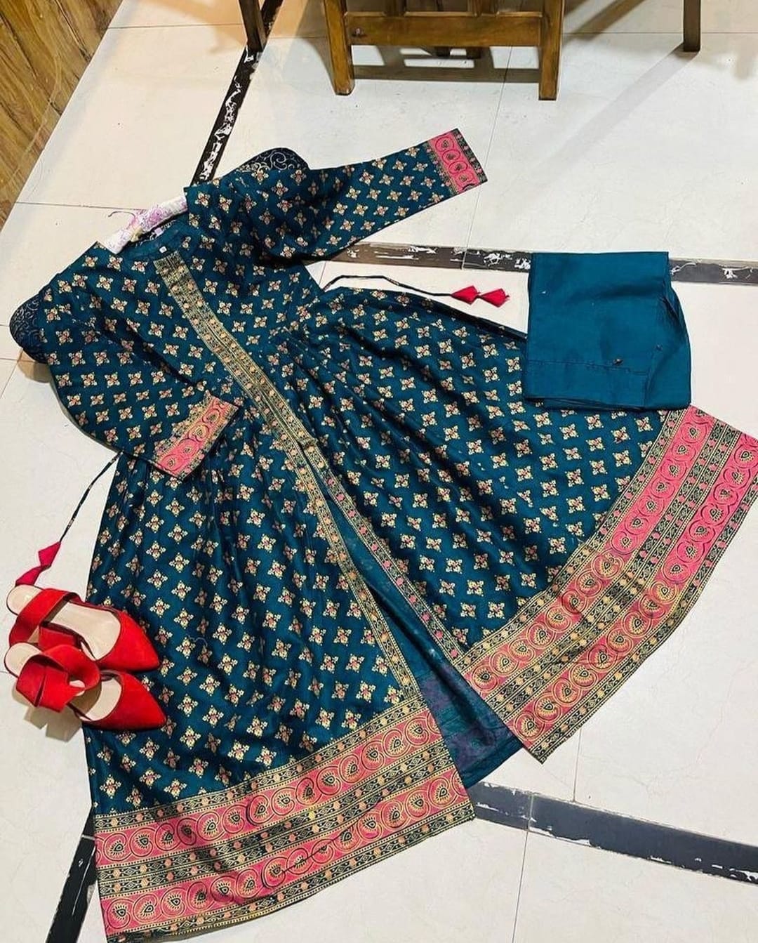 Front Open super printed silk stitched maxi 2 pieces dress for girls