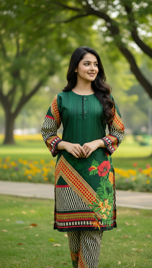 Long Length Stitched 2-Piece Set Digital Printed Outfit With Shalwar