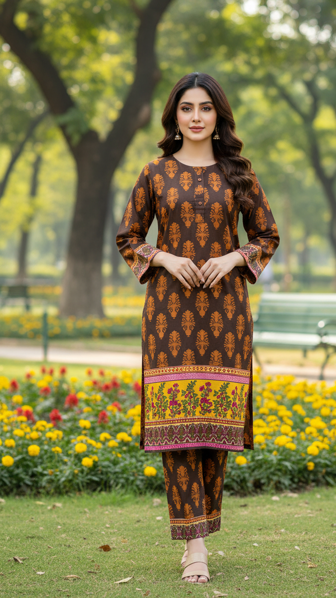 Long Length Stitched 2-Piece Set Digital Printed Outfit With Shalwar