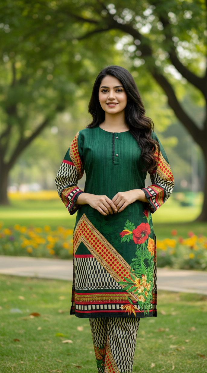 Long Length Stitched 2-Piece Set Digital Printed Outfit With Shalwar