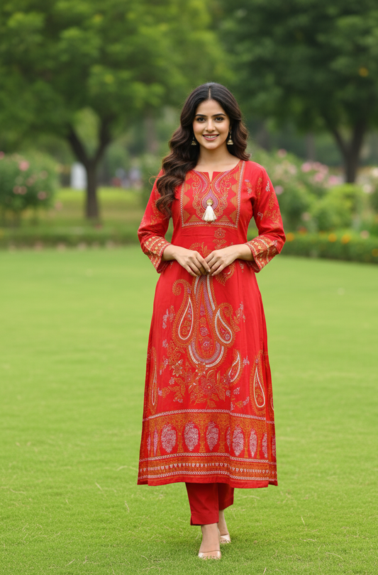 Digital Printed Air Line 2-Piece Outfit – Elegant & Comfortable (Red)