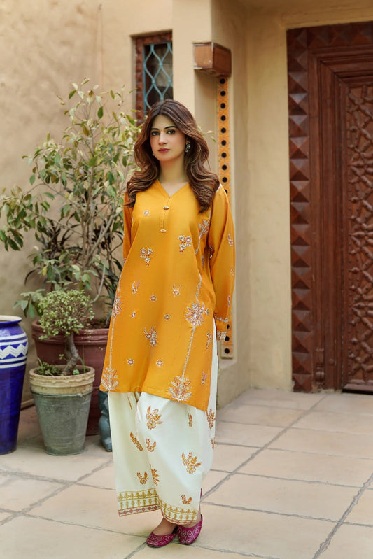 MUSTARD COTTON EMBROIDED 2 PIECE