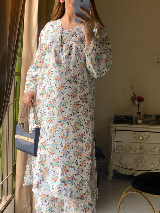 Cotton 2-Piece Stitched Set with Elegant Lace Detailing – Long Length Outfit