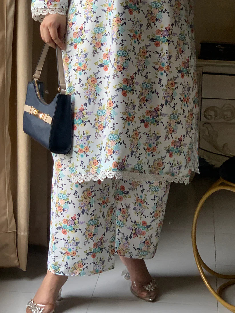 Cotton 2-Piece Stitched Set with Elegant Lace Detailing – Long Length Outfit