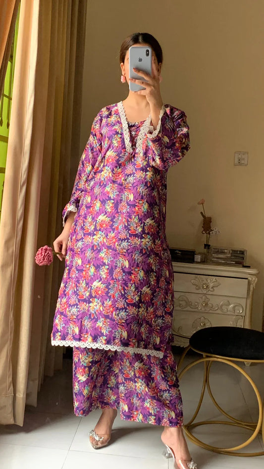 Cotton 2-Piece Stitched Set with Elegant Lace Detailing – Long Length Outfit