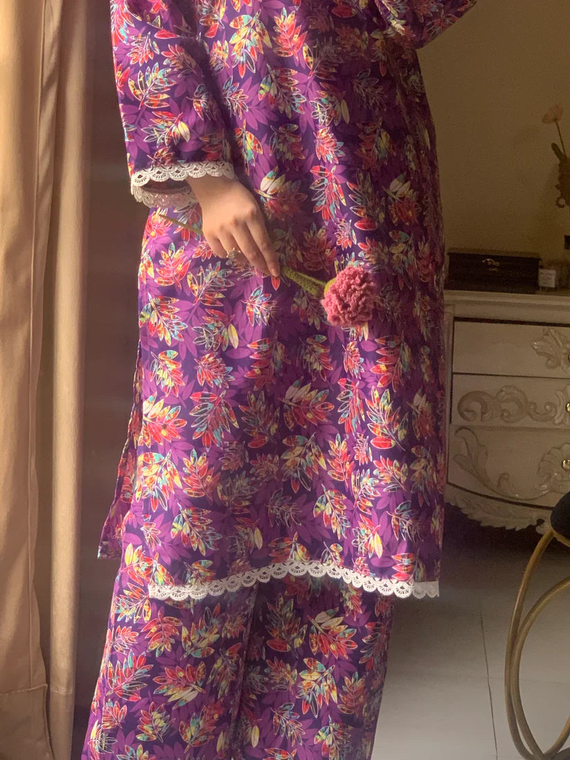 Cotton 2-Piece Stitched Set with Elegant Lace Detailing – Long Length Outfit