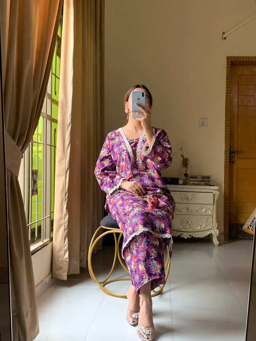 Cotton 2-Piece Stitched Set with Elegant Lace Detailing – Long Length Outfit