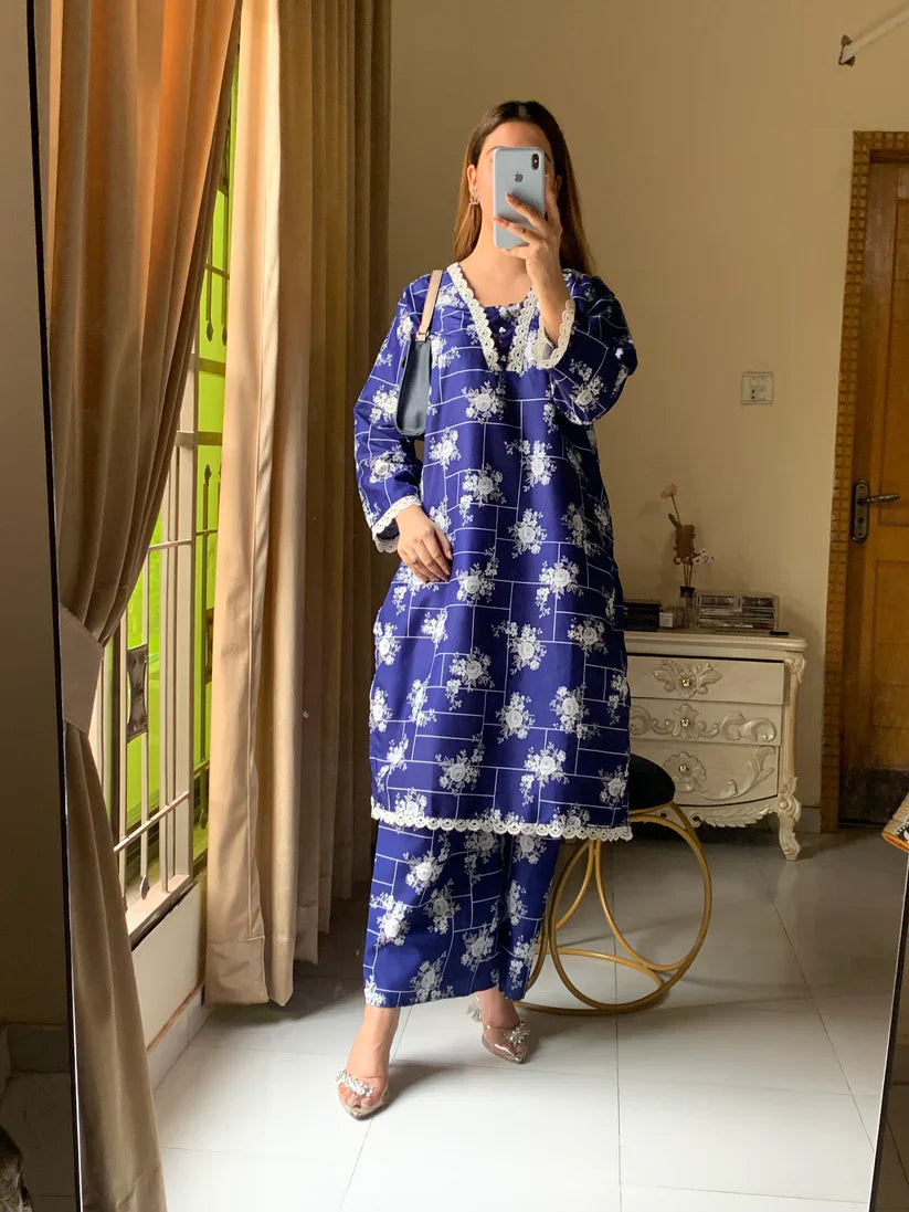 Cotton 2-Piece Stitched Set with Elegant Lace Detailing – Long Length Outfit