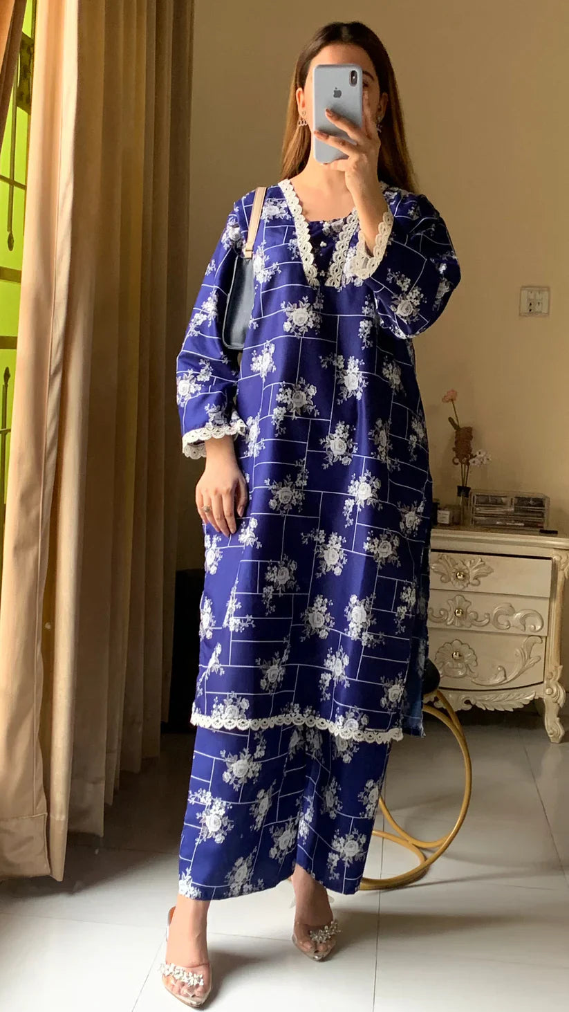 Cotton 2-Piece Stitched Set with Elegant Lace Detailing – Long Length Outfit