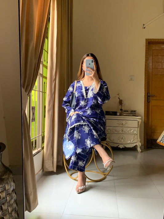 Cotton 2-Piece Stitched Set with Elegant Lace Detailing – Long Length Outfit