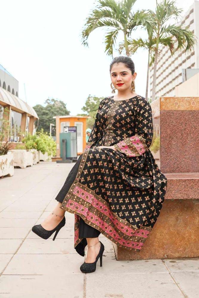 Front Open super printed silk stitched maxi 2 pieces dress for girls