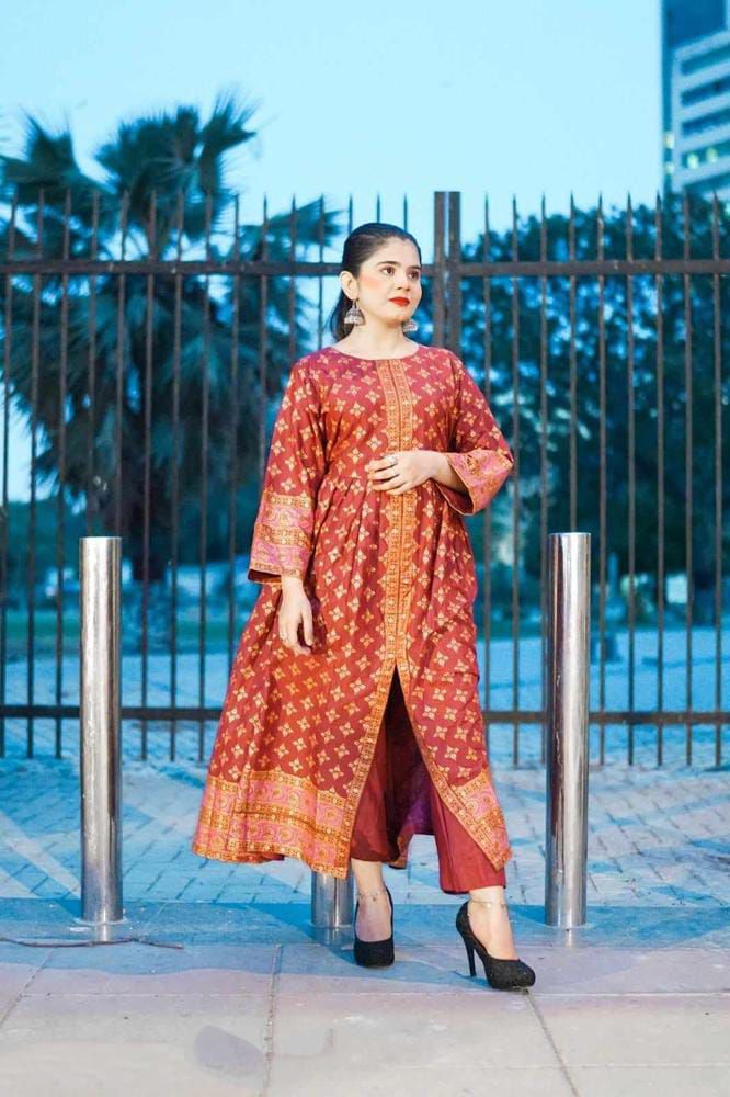 Front Open super printed silk stitched maxi 2 pieces dress for girls