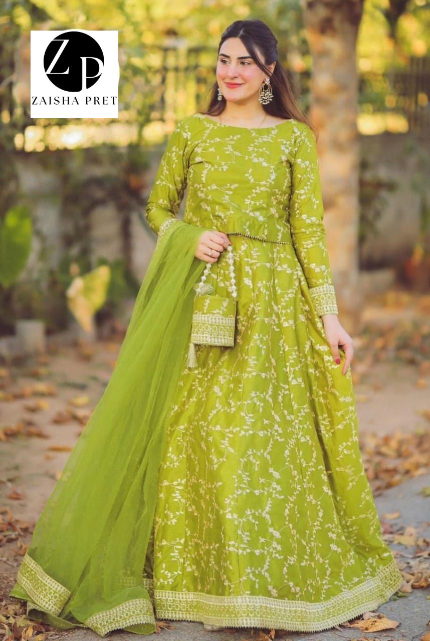 Fancy Shamoz Silk Embroidery Lengha 04 pieces For Girls