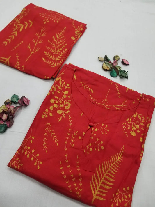 Floral Leaf Print Stitched 2Pcs (red)