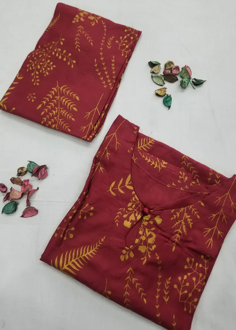 Floral Leaf Print Stitched 2Pcs (mehroon)