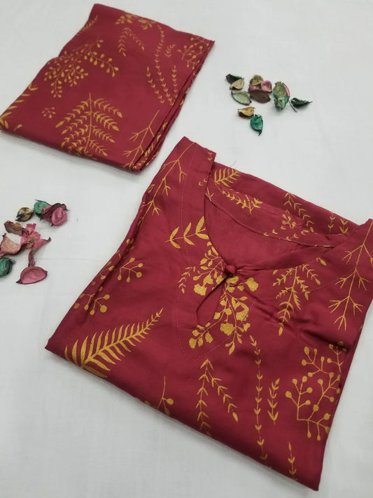 Floral Leaf Print Stitched 2Pcs (mehroon)
