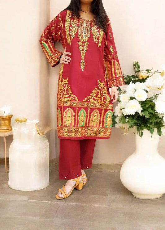 Classy Handmade Summer Arabic Lenan 2-Piece Suit (Mehroon)