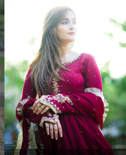 Neck, Sleeves Kaya Work Embroidered Long Maxi With Lace Work Dupatta Trouser 3Pcs