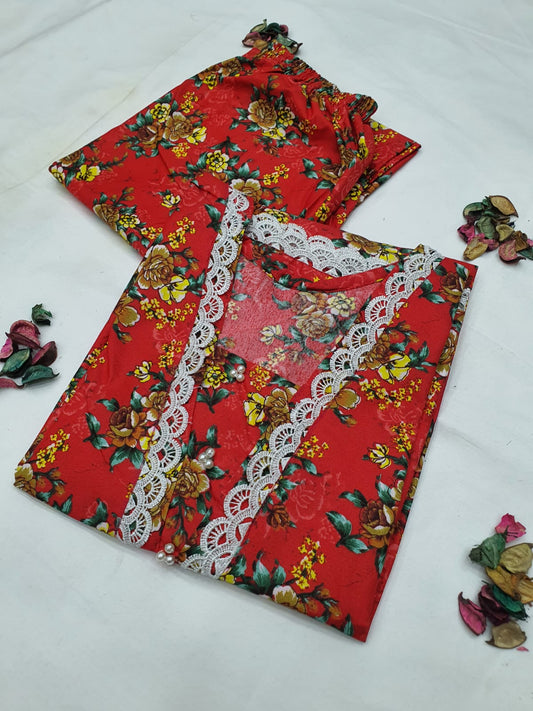 Cotton 2-Piece Stitched Set with Elegant Lace Detailing – Long Length Outfit