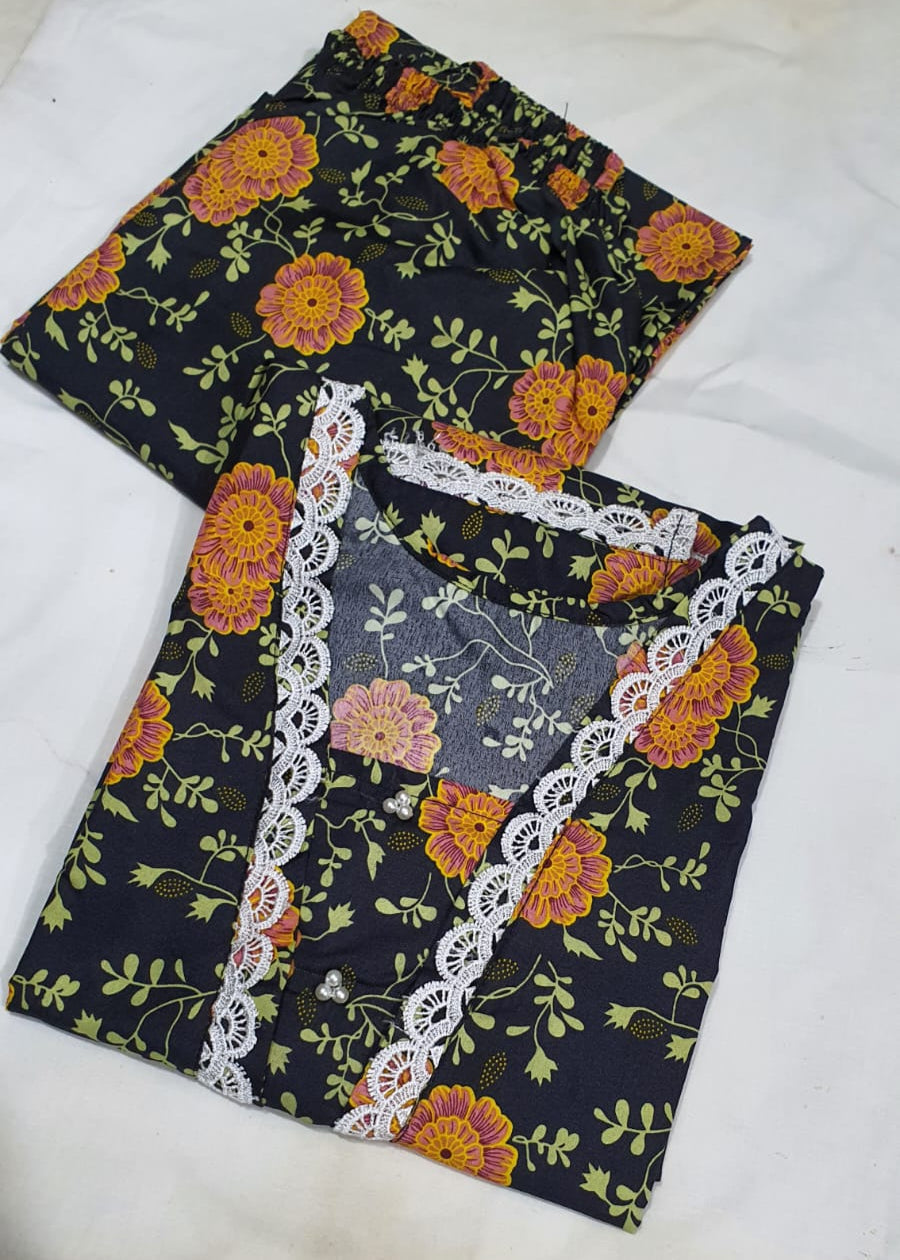 Cotton 2-Piece Stitched Set with Elegant Lace Detailing – Long Length Outfit