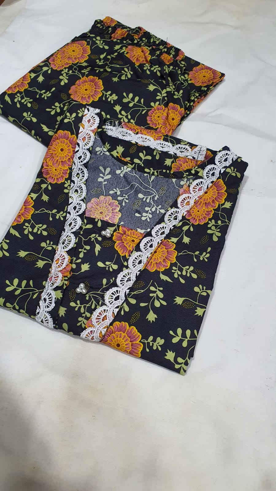 Cotton 2-Piece Stitched Set with Elegant Lace Detailing – Long Length Outfit