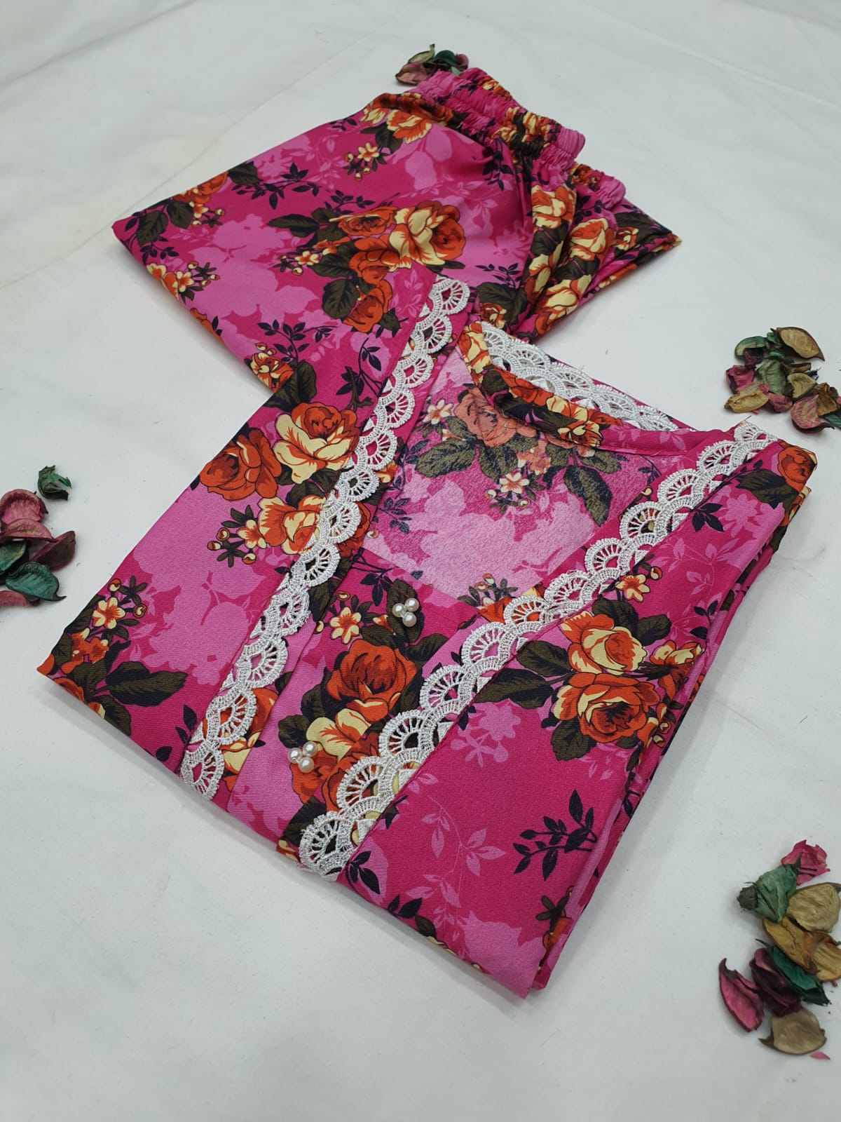 Cotton 2-Piece Stitched Set with Elegant Lace Detailing – Long Length Outfit