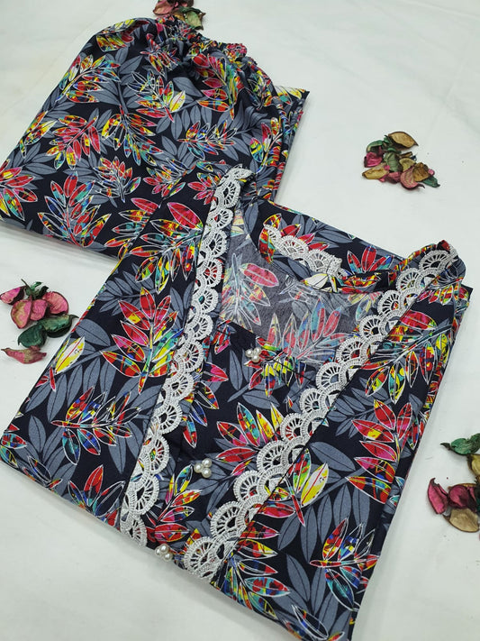 Cotton 2-Piece Stitched Set with Elegant Lace Detailing – Long Length OutfitCotton 2-Piece Stitched Set with Elegant Lace Detailing – Long Length Outfit