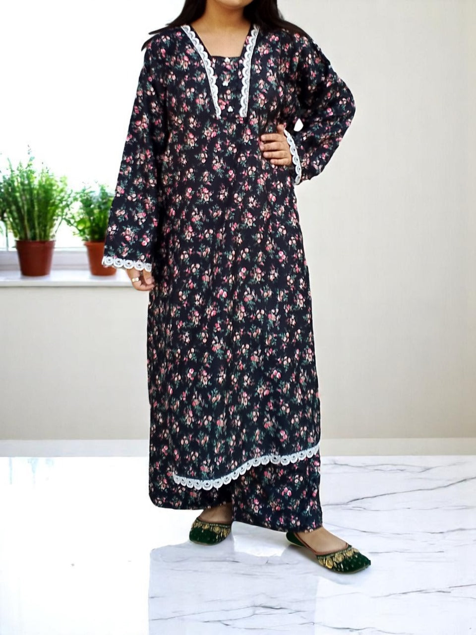 Cotton 2-Piece Stitched Set with Elegant Lace Detailing – Long Length Outfit