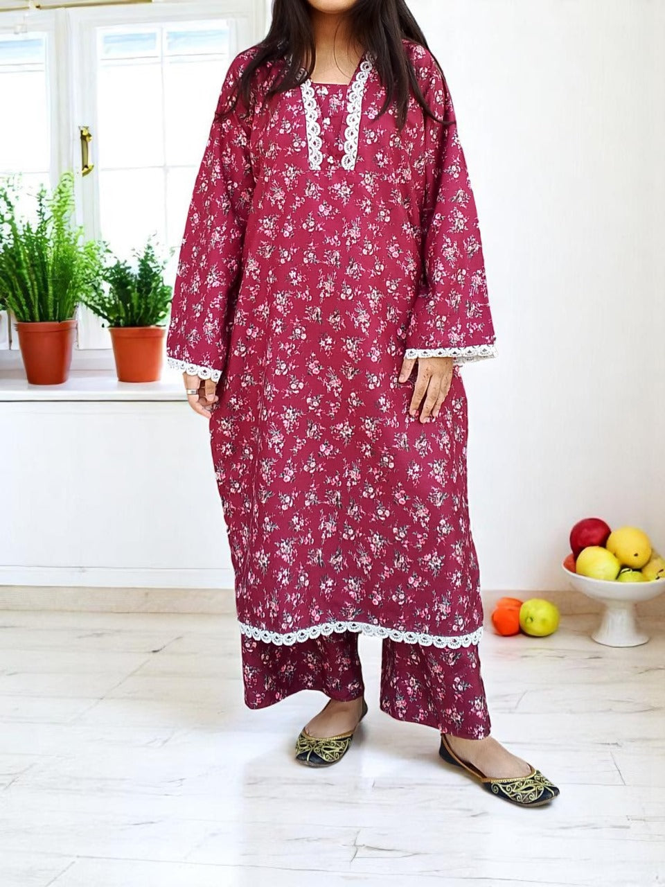 Cotton 2-Piece Stitched Set with Elegant Lace Detailing – Long Length Outfit