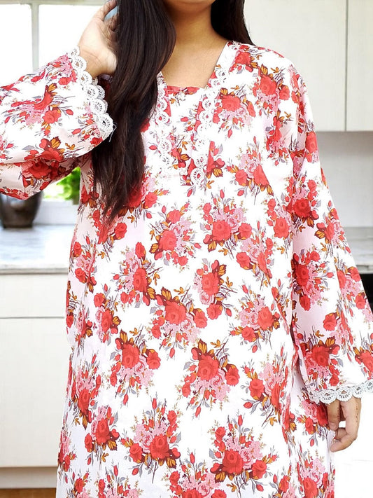 Cotton 2-Piece Stitched Set with Elegant Lace Detailing – Long Length Outfit