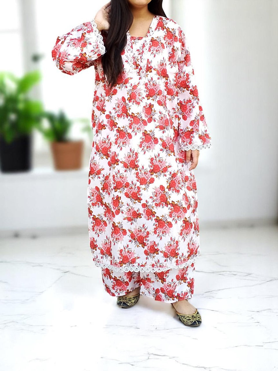 Cotton 2-Piece Stitched Set with Elegant Lace Detailing – Long Length Outfit