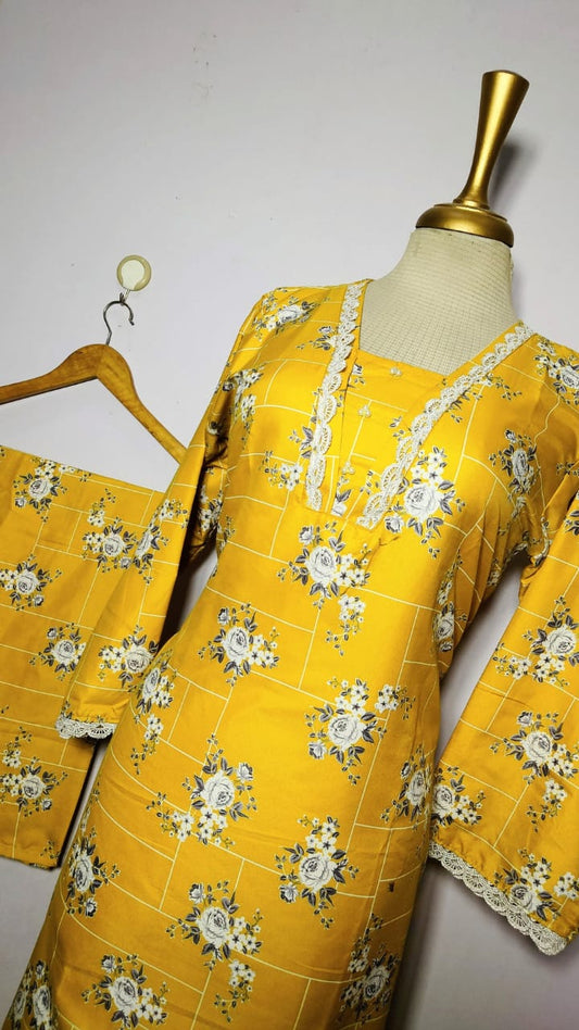 Stitched 2-Piece Set with Elegant Lace Detailing – Long Length Outfit