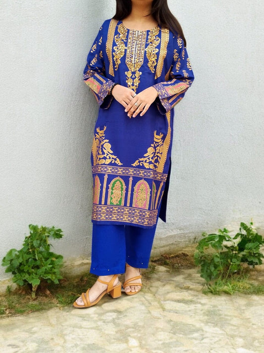 Classy Handmade Summer Arabic Lenan 2-Piece Suit (Royal Blue)