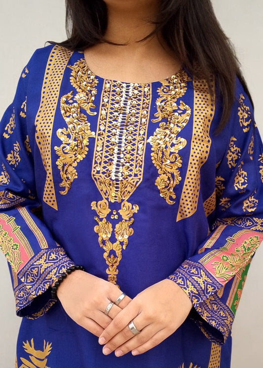 Classy Handmade Summer Arabic Lenan 2-Piece Suit (Royal Blue)