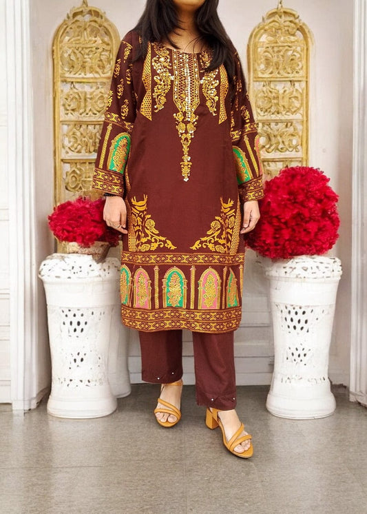 Classy Handmade Summer Arabic Lenan 2-Piece Suit (Brown)