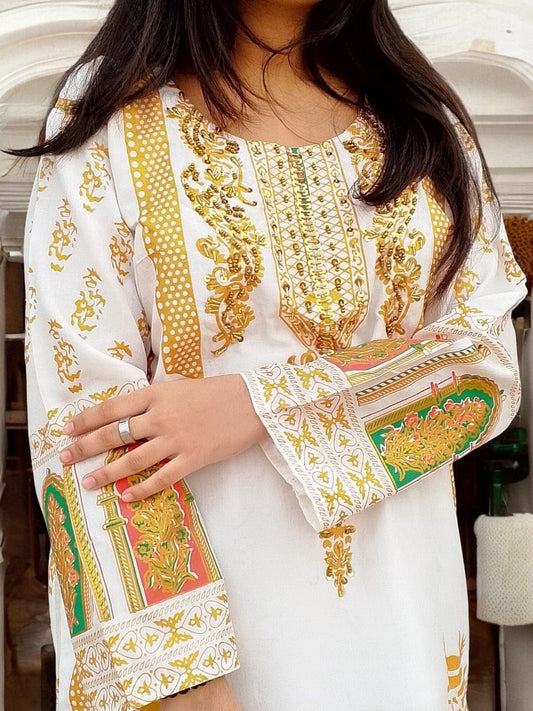 Classy Handmade Summer Arabic Lenan 2-Piece Suit (White)
