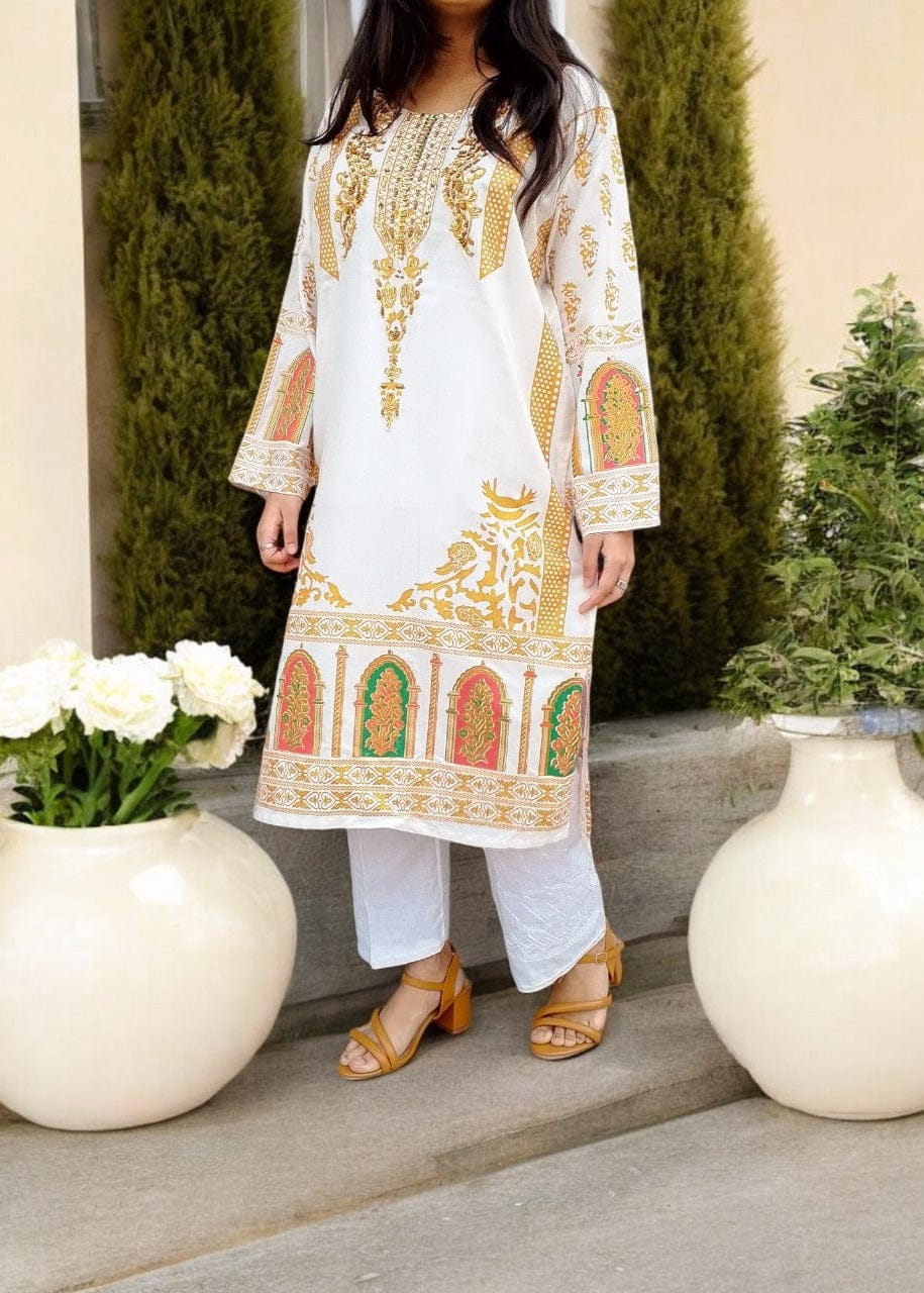 Classy Handmade Summer Arabic Lenan 2-Piece Suit (White)