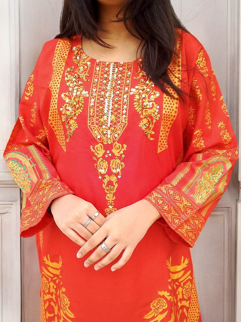 Classy Handmade Summer Arabic Lenan 2-Piece Suit (Red)