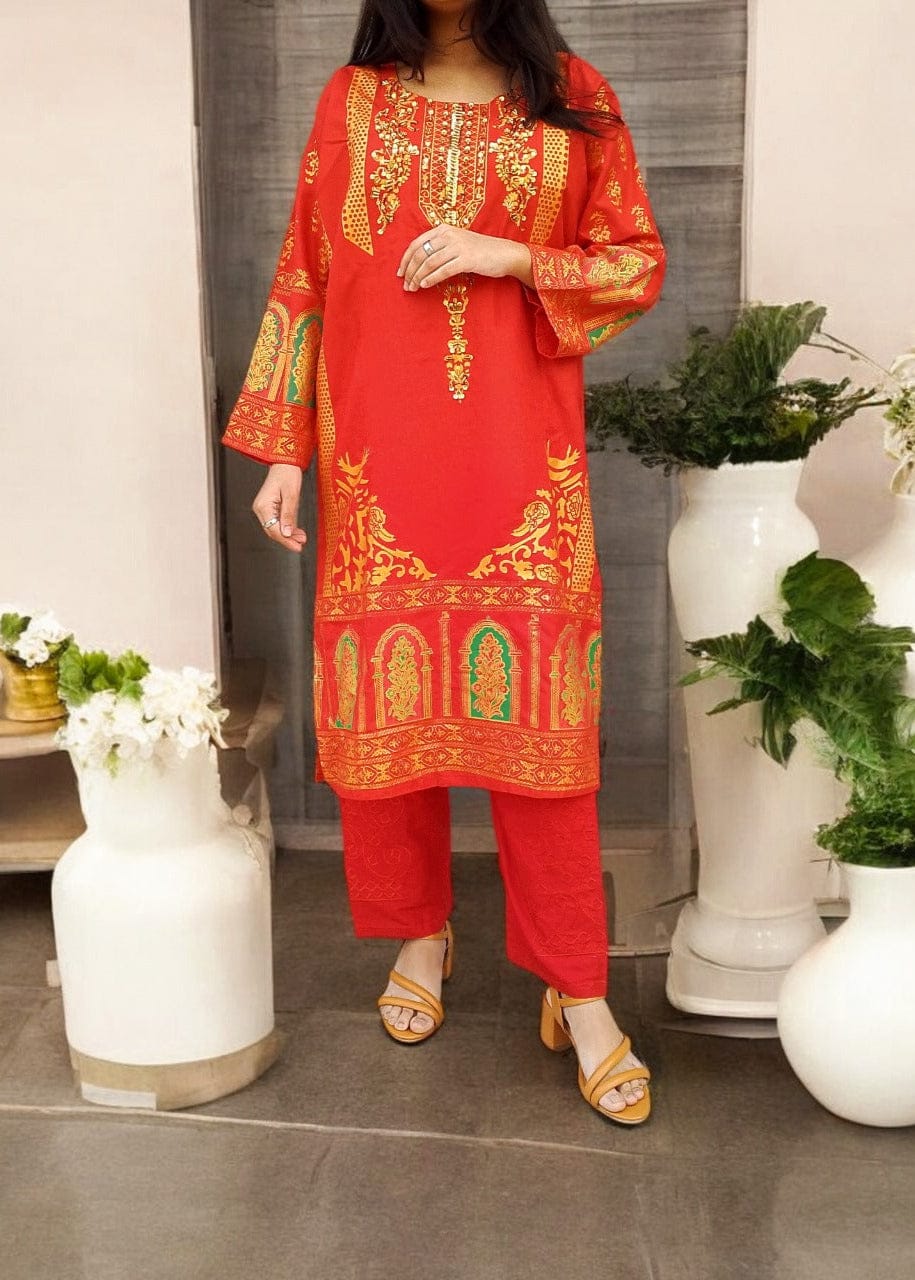 Classy Handmade Summer Arabic Lenan 2-Piece Suit (Red)