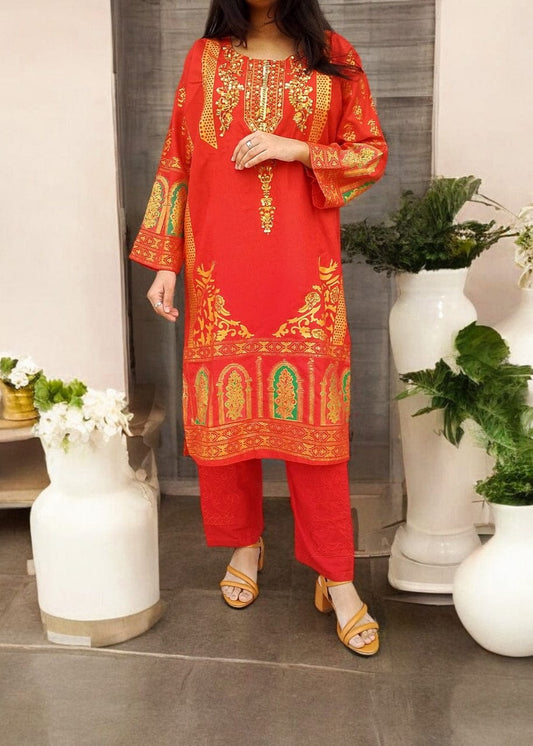 Classy Handmade Summer Arabic Lenan 2-Piece Suit (Red)