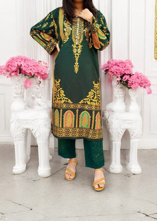 Classy Handmade Summer Arabic Lenan 2-Piece Suit (Green)